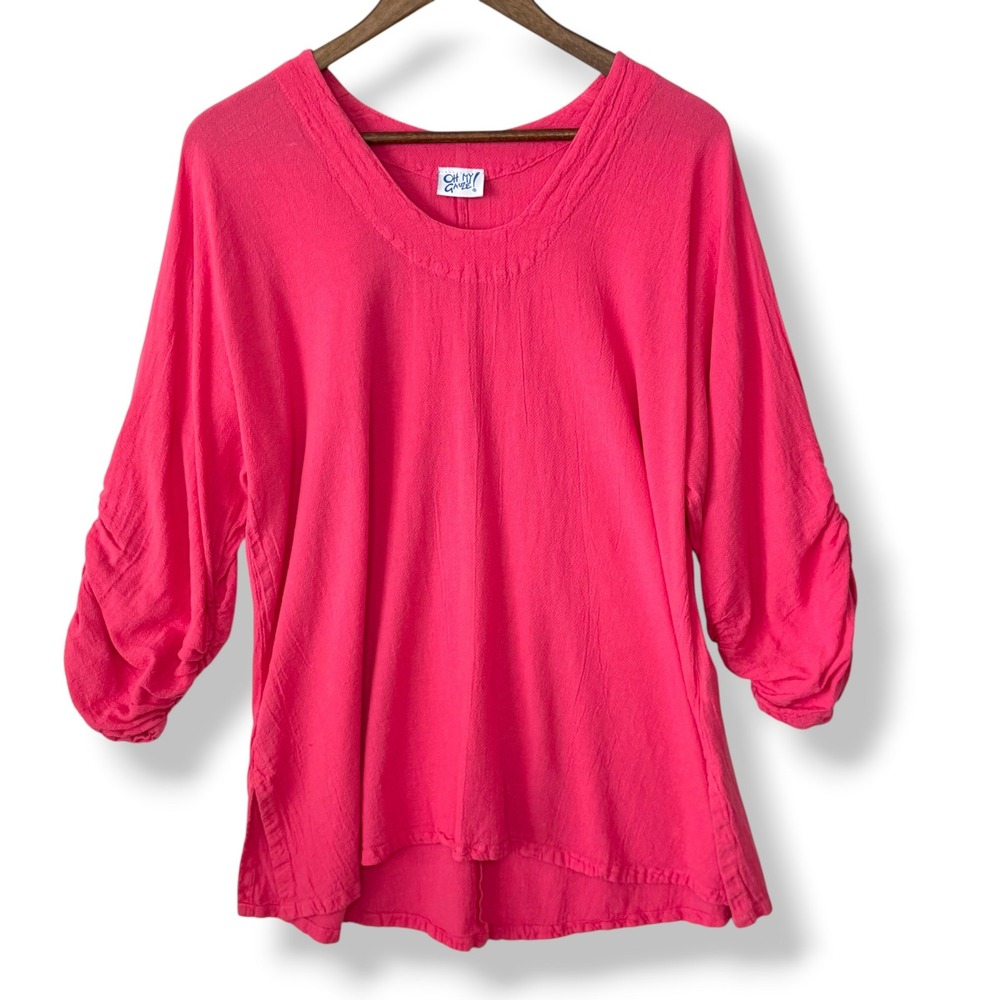 Oh My Gauze Arty Blouse Size 2 L/XL 14 Pink Ruched Sleeve 100% Cotton Lagenlook
